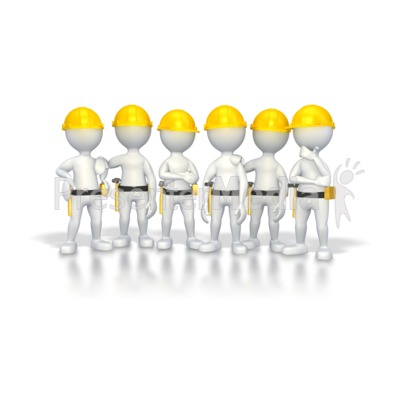 Six white 3D worker figures in yellow hard hats standing in a line, holding tools and posing confidently.