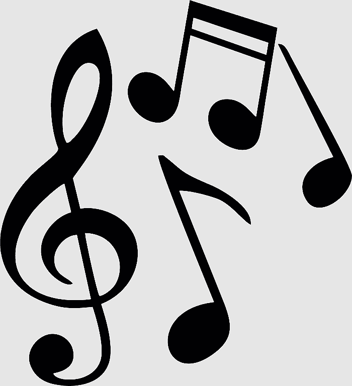 Black musical symbols including a treble clef and four notes on a light gray background.