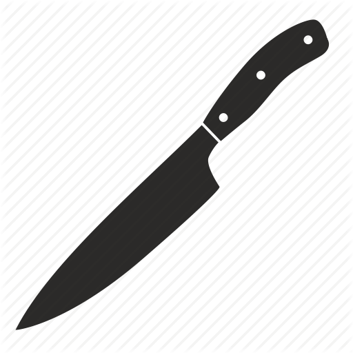 Silhouette of a chef's knife on a diagonal striped background, emphasizing sharp blade and ergonomic handle.
