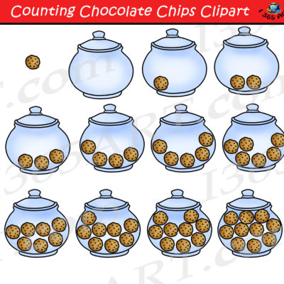 Educational clipart showing jars with increasing numbers of chocolate chips for counting practice.