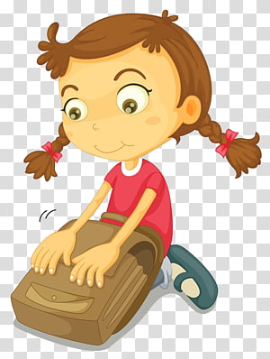 A smiling cartoon girl with pigtails kneels beside an open brown schoolbag, hands resting on it.