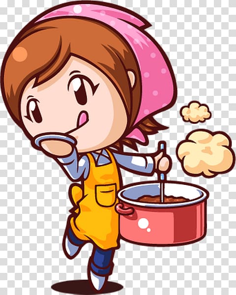 Chibi-style girl in pink headscarf and yellow apron stirring a pot while tasting food, with steam rising.