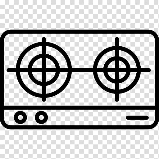 Black line-art icon of a two-burner gas stove with control knobs and ignition indicators.
