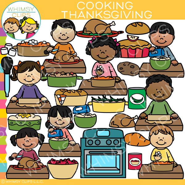 Diverse group of children cooking Thanksgiving meals including turkey, pies, stuffing, and vegetables in a cheerful kitchen scene.