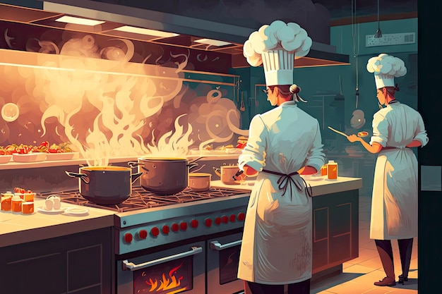 Two chefs in white uniforms and tall toques cook in a bustling professional kitchen with steaming pots and open flames.