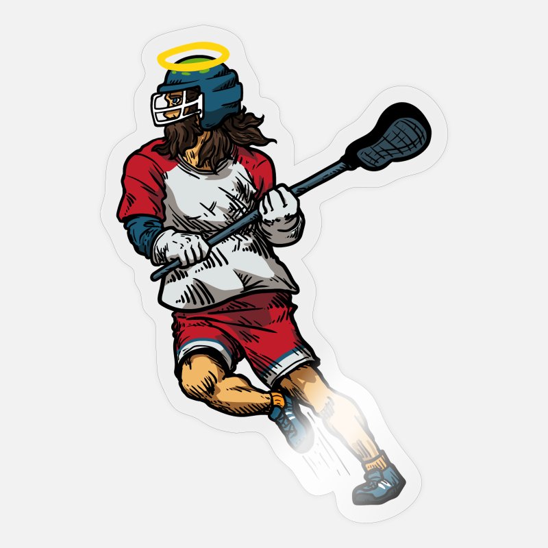 A cartoon lacrosse player with long hair, helmet, halo, and stick in action pose.