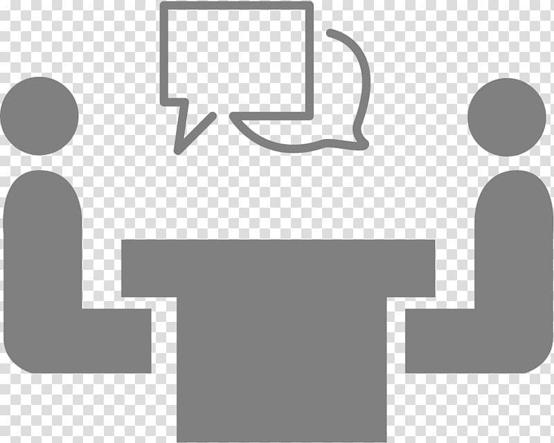 Two stylized figures seated at a table with speech bubbles indicating conversation or negotiation.