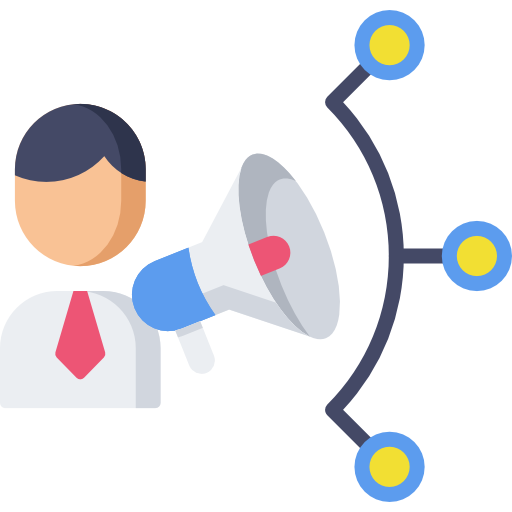Person with megaphone broadcasting to connected network nodes, symbolizing communication and outreach.