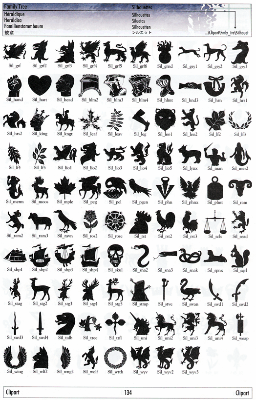 Collection of black-and-white silhouette icons including animals, symbols, weapons, and mythical creatures, labeled with identifiers like Sil_gr1, Sil_hrs2, etc.