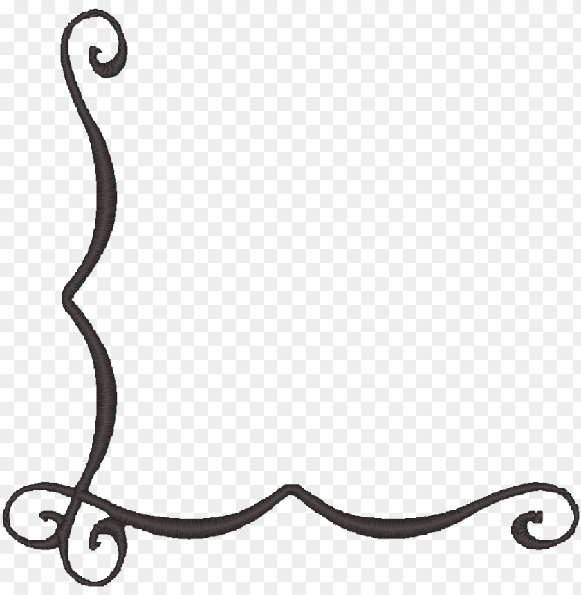 Elegant black ornamental corner flourish with scrollwork design on transparent background.
