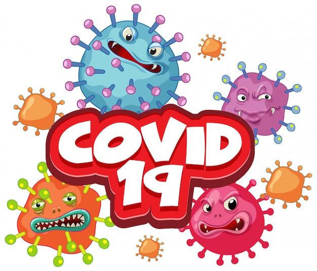 Cartoon-style COVID-19 virus characters with expressive faces surrounding bold "COVID-19" text.