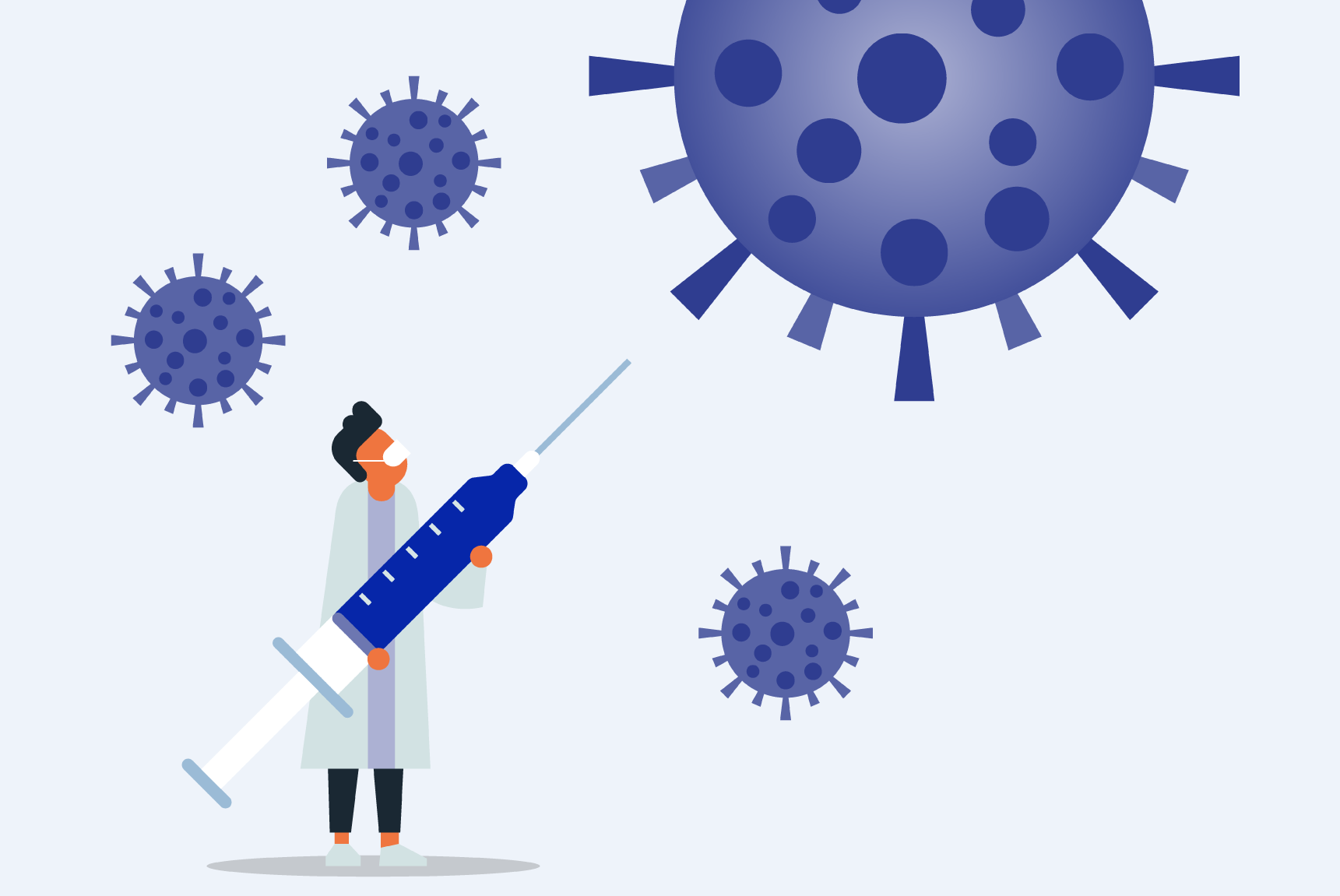 Scientist in lab coat holding large syringe, confronting stylized blue virus particles.