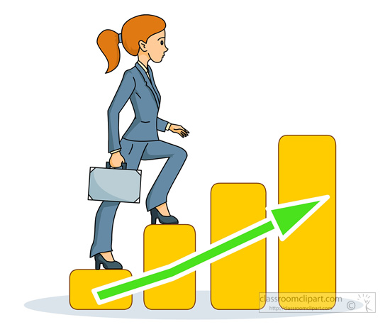Businesswoman climbing bar chart steps with upward green arrow, symbolizing career growth and success.