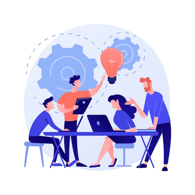 Four professionals collaborate around a table with laptops, gears, and a glowing lightbulb symbolizing innovation and teamwork.