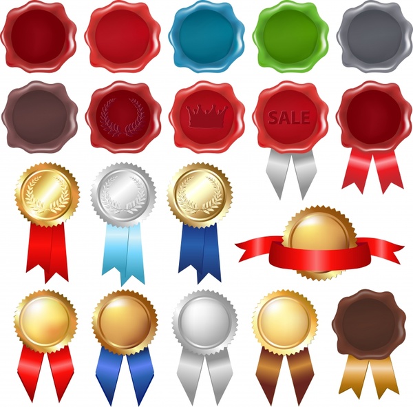 Collection of colorful wax seals, ribbons, and award badges in red, gold, silver, blue, green, and brown.