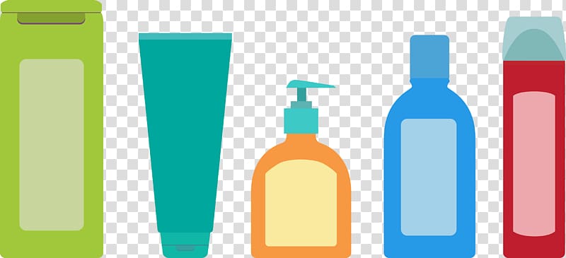 Five colorful illustrated personal care product containers: green bottle, teal tube, orange pump bottle, blue bottle, and red bottle.