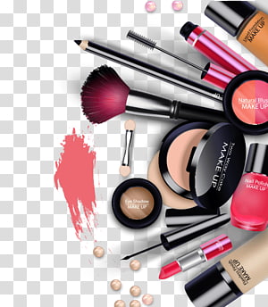 Assorted makeup products including brushes, lipsticks, foundation, blush, and eyeshadow on transparent background.
