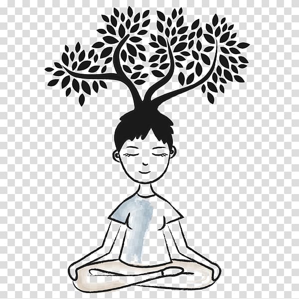 Person meditating with a tree growing from their head, symbolizing mindfulness and inner growth.