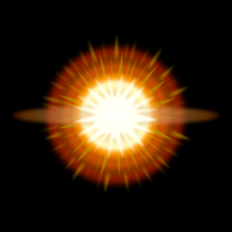 A radiant burst of light with orange and yellow rays emanating from a bright white core against a black background.