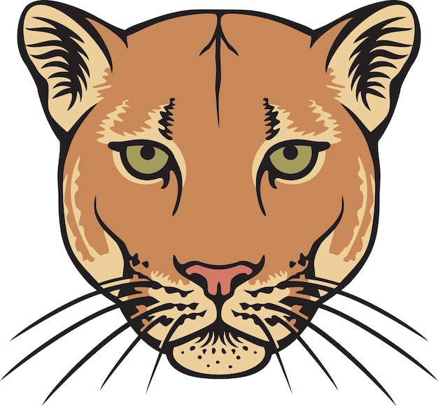 Stylized illustration of a cougar’s face with green eyes, tan fur, and black outlines.
