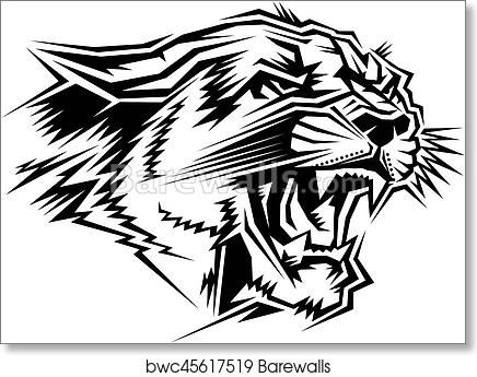 Black-and-white stylized roaring tiger head with sharp geometric lines and tribal-inspired detailing.