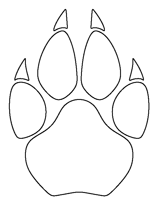 Black-and-white line drawing of a carnivore paw print with five toe pads and visible claws.