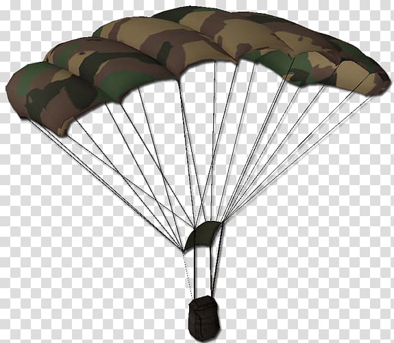 Camouflage military parachute with canopy inflated and suspension lines attached to payload container.
