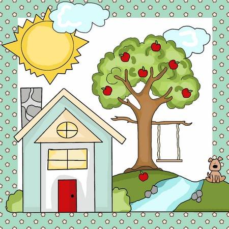Cozy乡村 Home Illustration with Apple Tree and Swing - Free Clipart