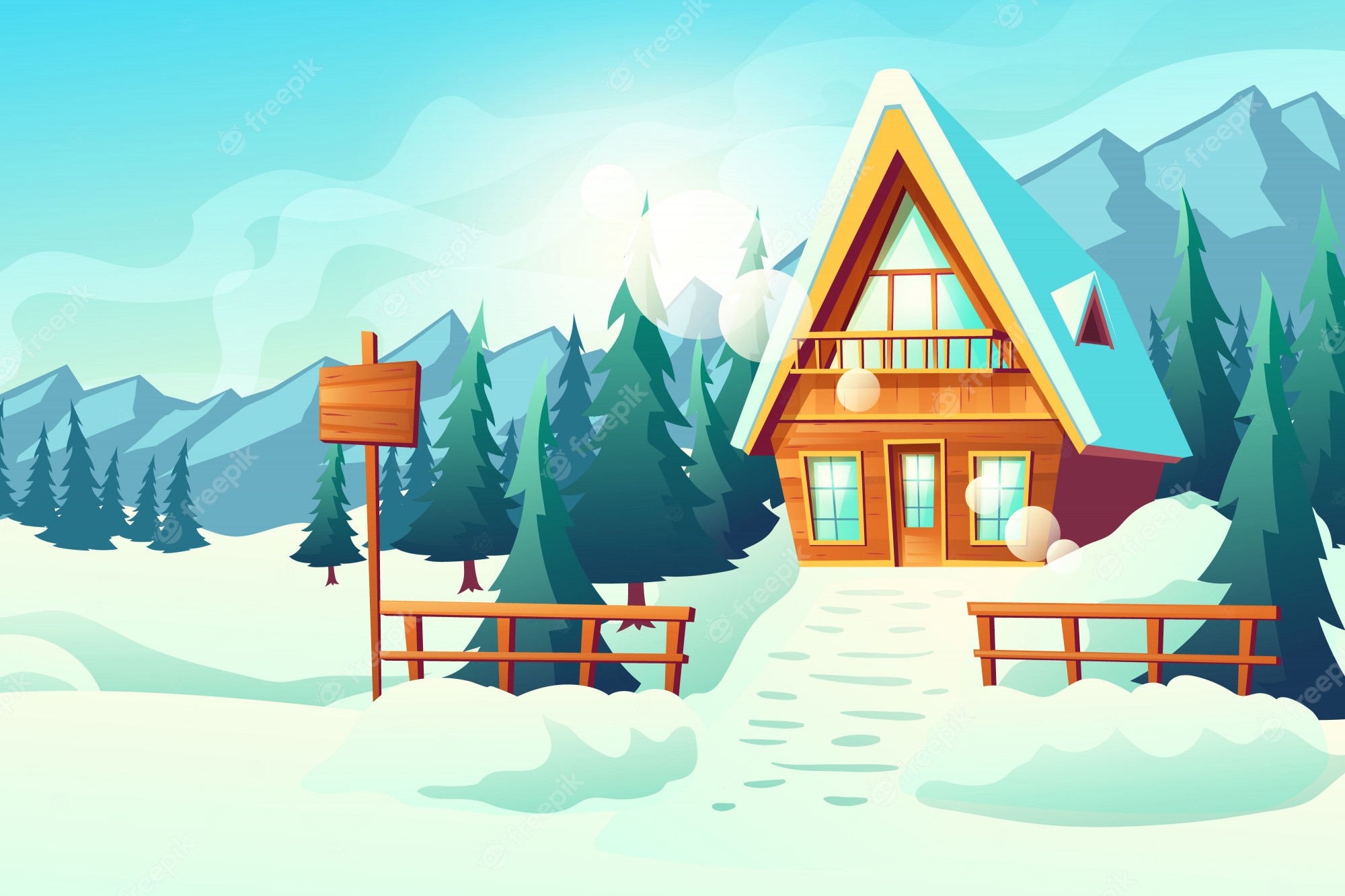 Cozy A-frame cabin in snowy mountains with pine trees, wooden signpost, and footpath under clear blue sky.