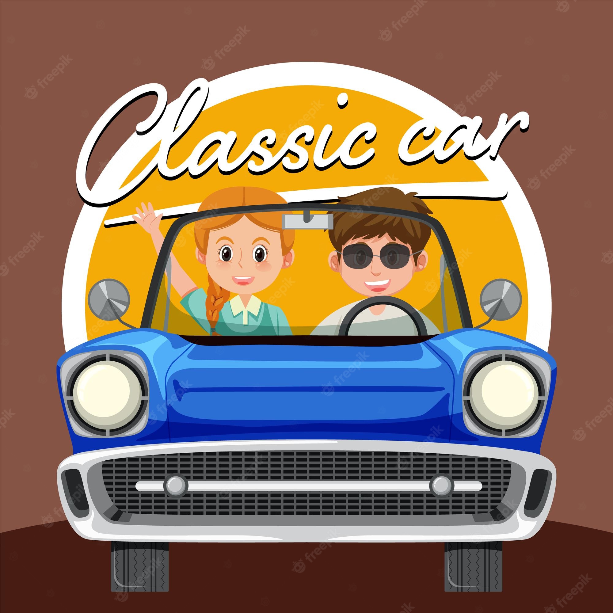 Smiling couple driving a blue classic convertible car with "Classic car" text above.