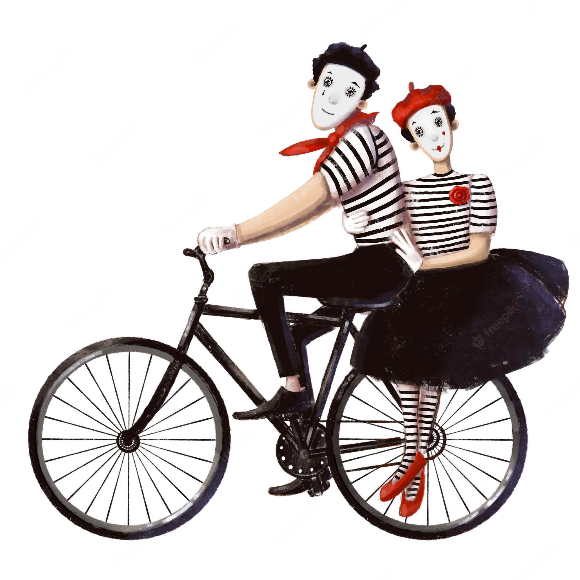 Two mime artists in striped outfits riding a bicycle, one driving and one seated behind with a red beret and rose.