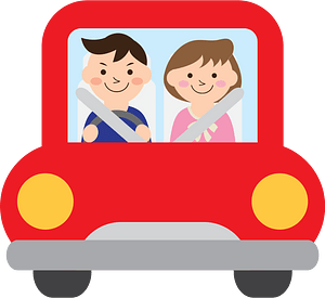 Cartoon illustration of a smiling man and woman wearing seatbelts inside a red car.