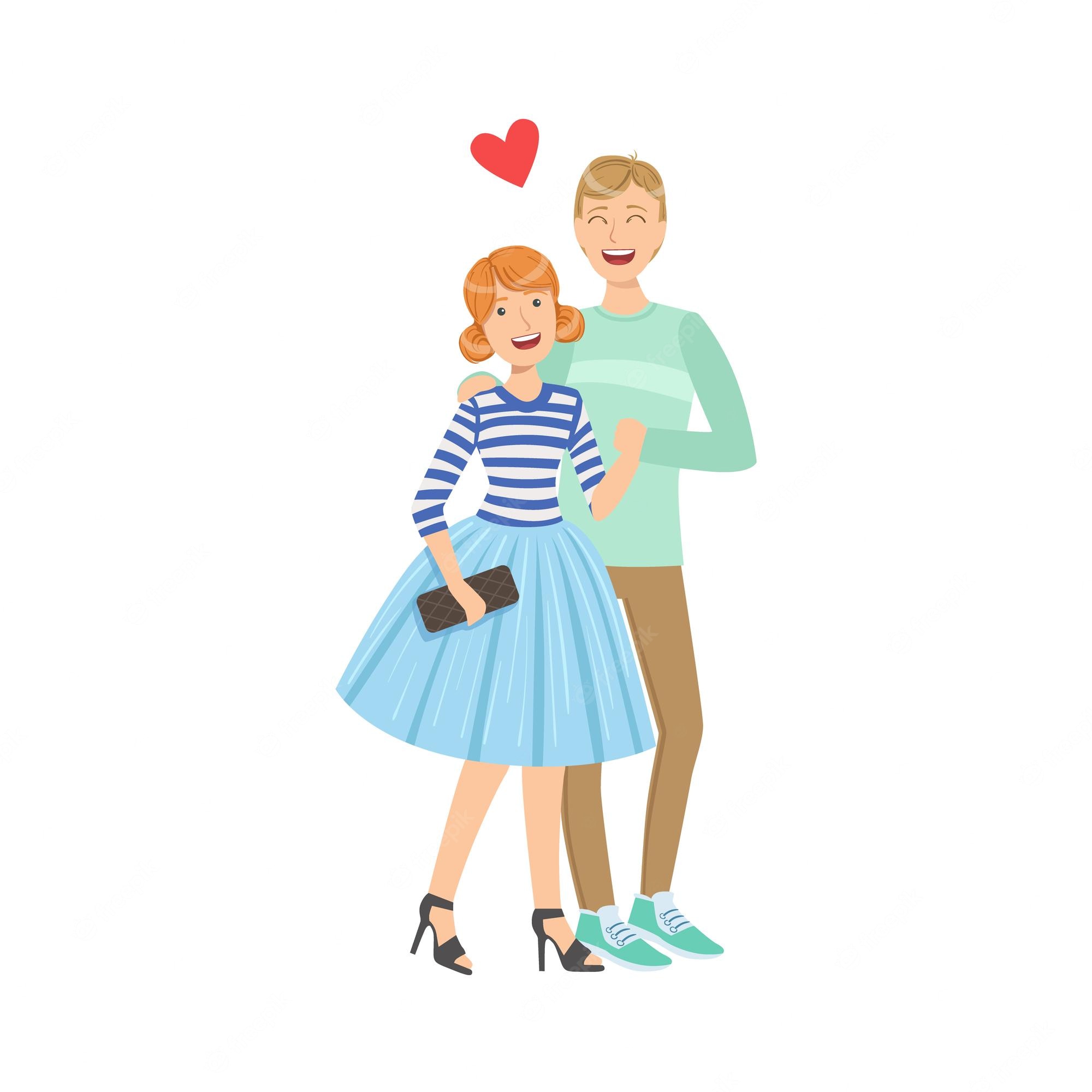 Happy cartoon couple embracing with a red heart above, woman in striped top and blue skirt, man in green sweater.