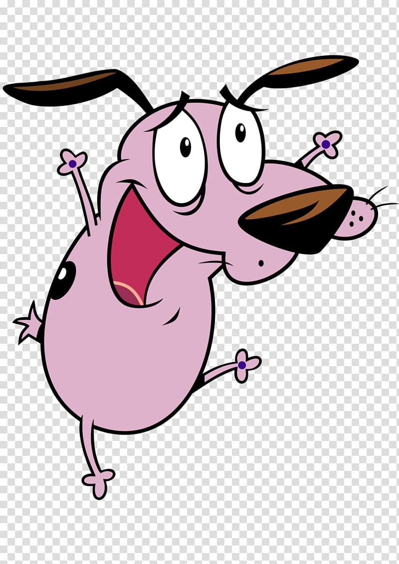 Courage the Cowardly Dog, a pink cartoon dog with wide eyes and open mouth, leaping in panic with flower-tipped limbs.