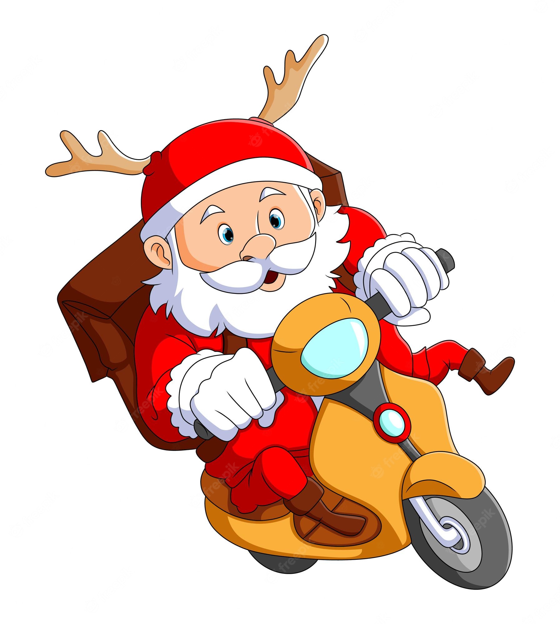 Santa Claus with reindeer antlers rides a yellow scooter, smiling joyfully while carrying a sack of gifts.