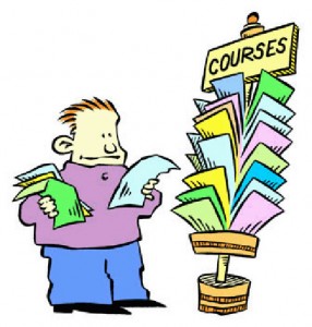 A cartoon man overwhelmed by a towering stack of colorful course documents labeled "COURSES".
