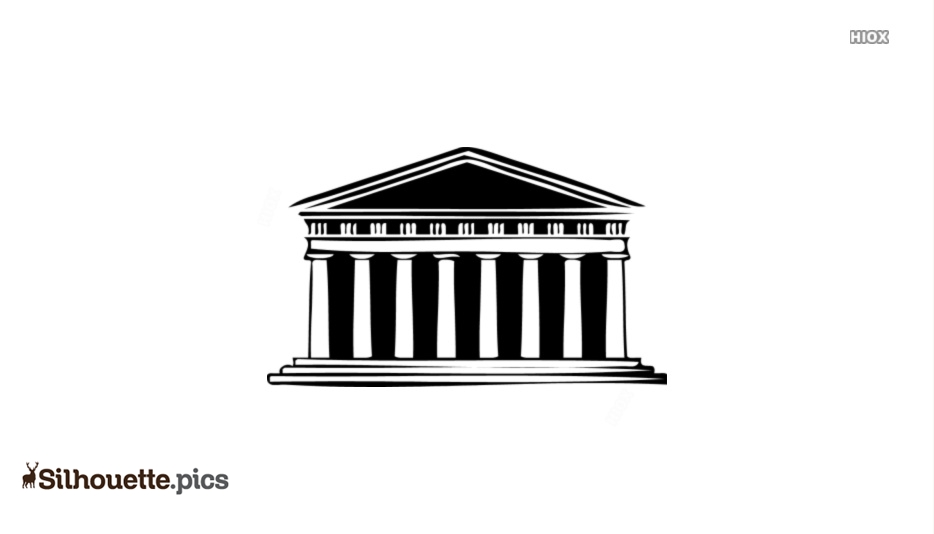 Black-and-white silhouette of a classical Greek or Roman temple with columns and pediment.