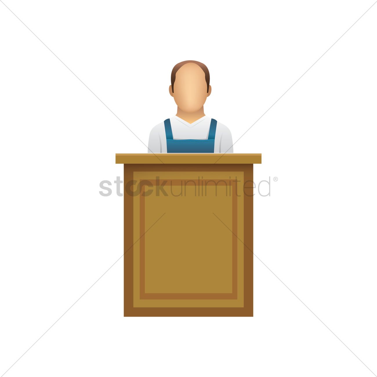Man in blue overalls standing behind a wooden podium, faceless avatar illustration.