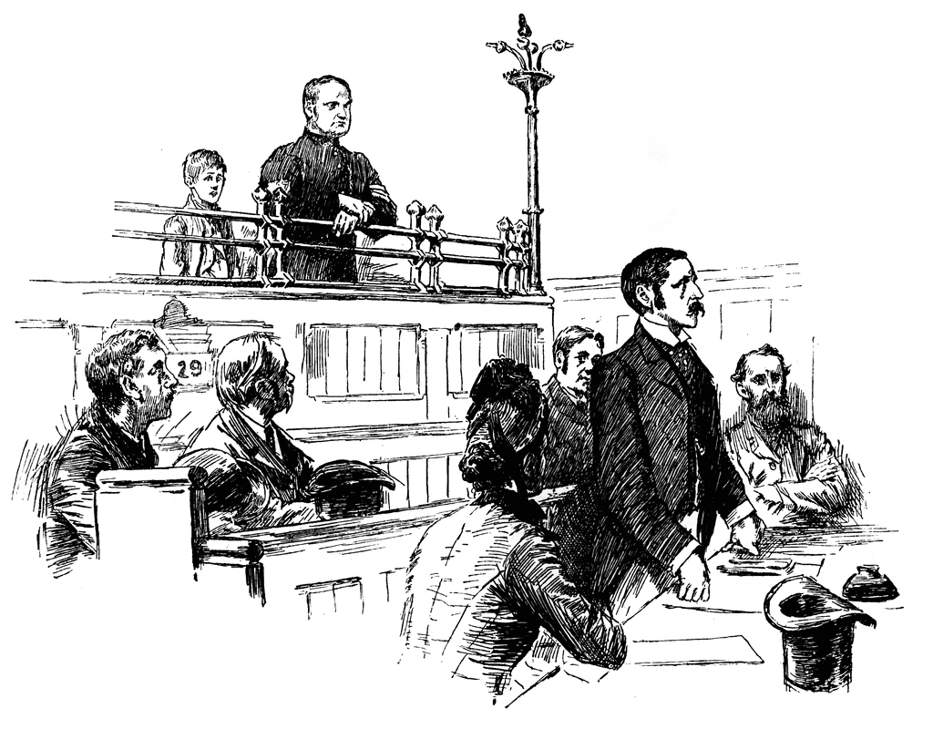 Vintage courtroom sketch showing a lawyer addressing the judge and jury, with spectators in the gallery.
