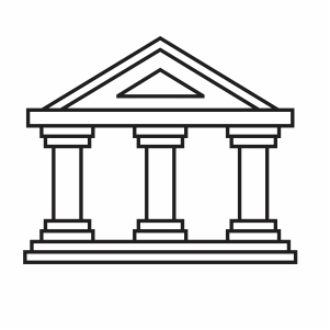Line drawing of a classical building with three columns and a triangular pediment, symbolizing government or institution.