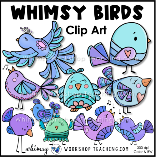 Whimsical cartoon birds in vibrant colors, singing and flying-clip art for education and design.