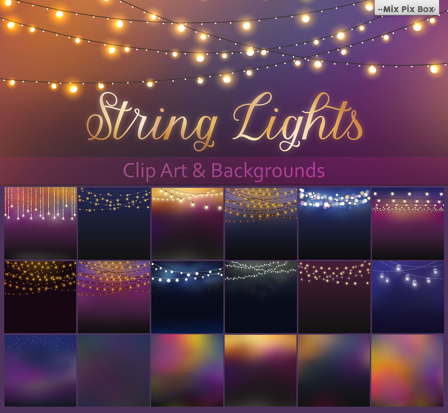 String lights clip art and background collection with warm, cool, and gradient night scenes by Mix Pix Box.