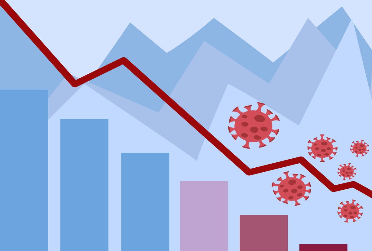 Red downward trend line over bar chart with coronavirus icons indicating economic decline during pandemic.
