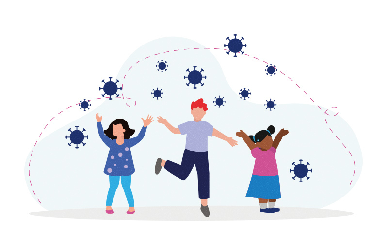 Three diverse children joyfully dancing amid illustrated virus particles, symbolizing resilience and health awareness.