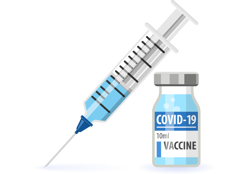 Syringe drawing liquid from a 10ml vial labeled "COVID-19 Vaccine" on a clean white background.