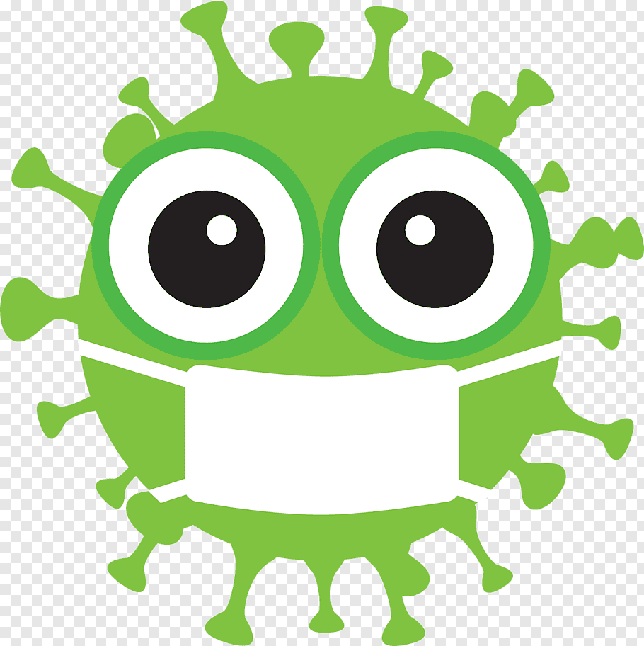 Friendly green virus character with large eyes and a white face mask, cartoon-style illustration.
