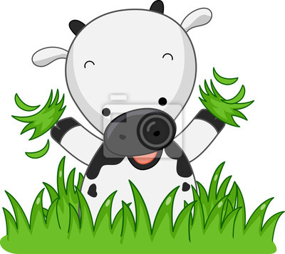 Happy cartoon cow holding grass bunches, smiling with camera lens snout, standing in green field.