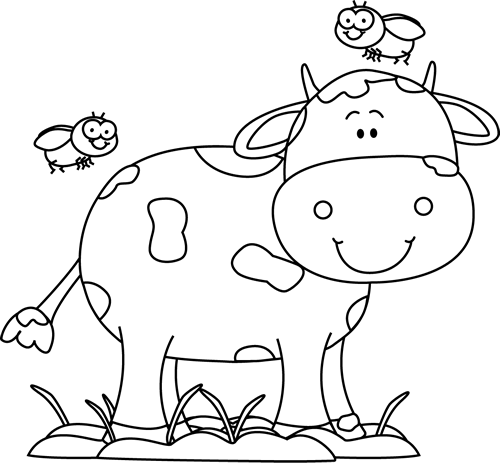 Smiling cartoon cow with spots standing in grass, two friendly bees flying nearby.