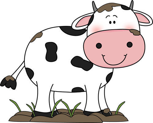 Smiling cartoon cow with black spots standing on grassy soil, friendly and child-friendly illustration.