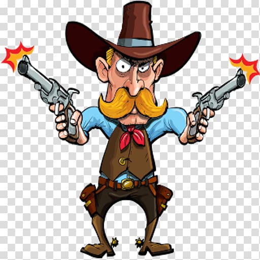 Cartoon cowboy with mustache, brown hat, and two revolvers firing, on transparent background.